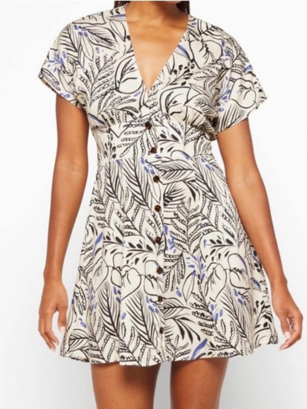Marine Layer Cream Botanical Print Mini Dress with Black & Blue Accents